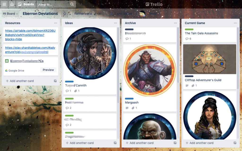 Screenshot of my campaign organization setup in Trello, showing cards and columns